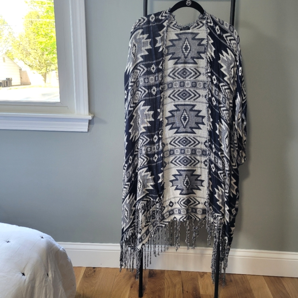 EUC • lightweight tribal print kimono shawl with tassels | from Spain